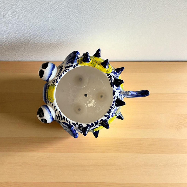 Beautiful Hand Painted Mexican Talavera White & Blue Lemon Pufferfish Planter Pot