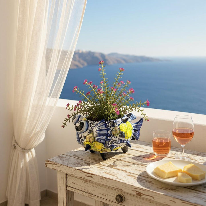 Beautiful Hand Painted Mexican Talavera White & Blue Lemon Pufferfish Planter Pot – Free Shipping (Contiguous U.S. Only)