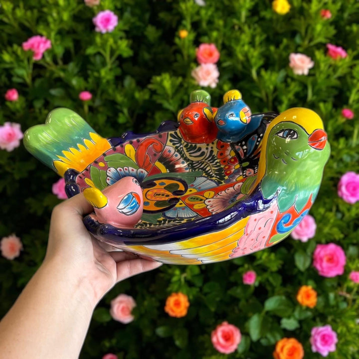 Hand Painted Mexican Talavera Tabletop Yellow Green Head Bird BirdBath