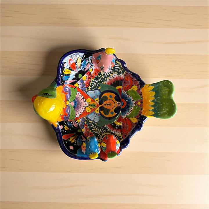 Hand Painted Mexican Talavera Tabletop Yellow Green Head Bird BirdBath