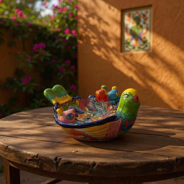 Hand Painted Mexican Talavera Tabletop Yellow Green Head Bird BirdBath