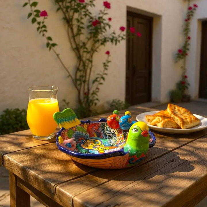 Hand Painted Mexican Talavera Tabletop Yellow Green Head Bird BirdBath