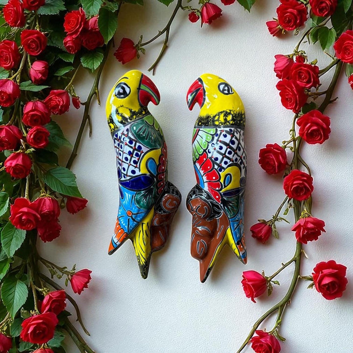 Hand Painted Talavera Love Birds Parrots Garden Wall Decor – Set of 2