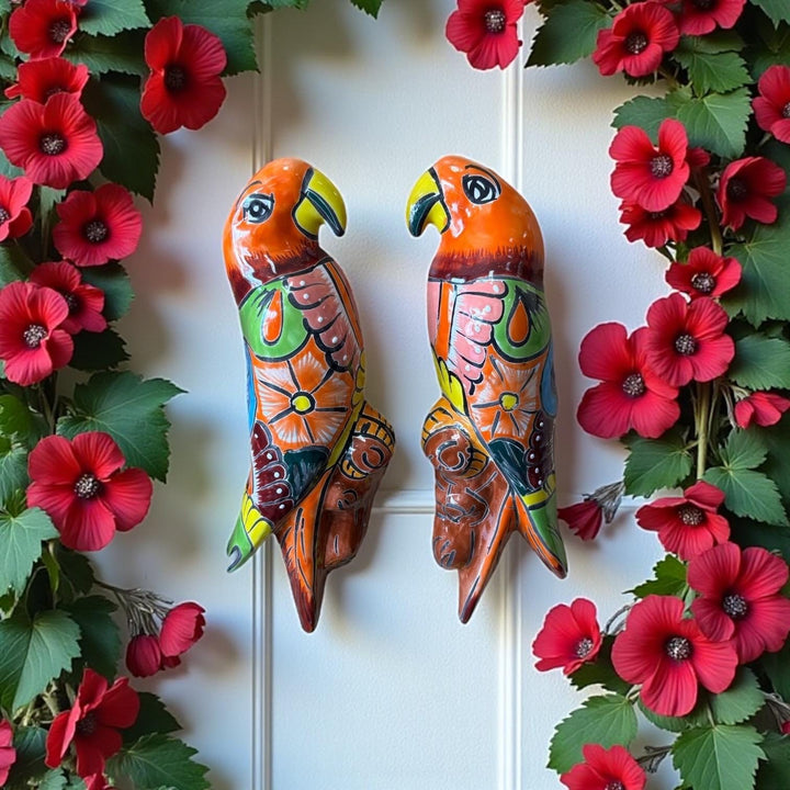 Hand Painted Talavera Love Birds Parrots Garden Wall Decor – Set of 2