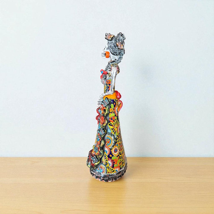 Medium Handcrafted & Handpainted Mexican Talavera Ribbons Catrina Skeleton Lady Figure