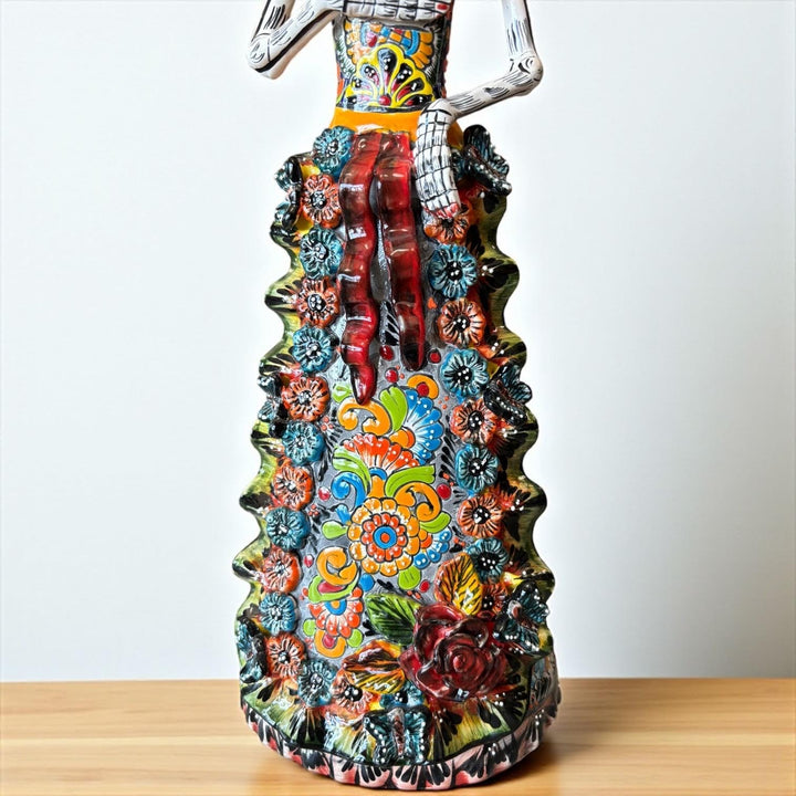 Medium Handcrafted & Handpainted Mexican Talavera Ribbons Catrina Skeleton Lady Figure