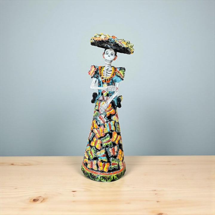 Medium Handcrafted & Handpainted Mexican Talavera Butterfly Catrina Skeleton Lady Figure