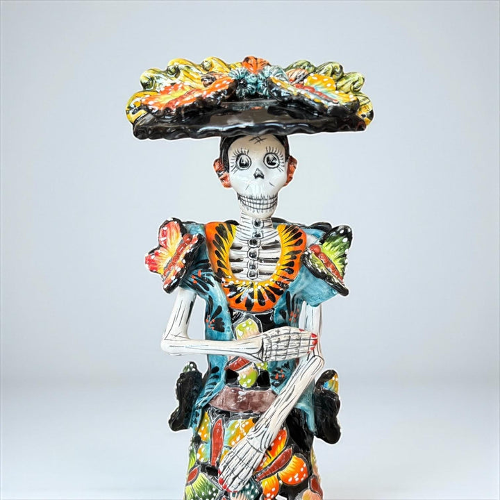 Medium Handcrafted & Handpainted Mexican Talavera Butterfly Catrina Skeleton Lady Figure