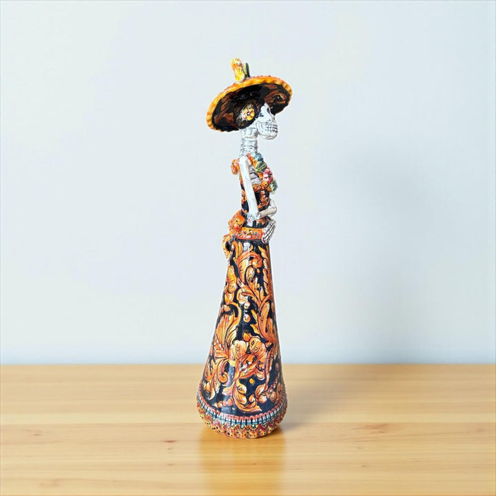 Medium Handcrafted & Handpainted Mexican Talavera Wide Brim Hat Orange Catrina Skeleton Lady Figure