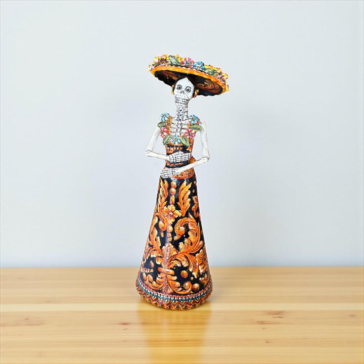 Medium Handcrafted & Handpainted Mexican Talavera Wide Brim Hat Orange Catrina Skeleton Lady Figure