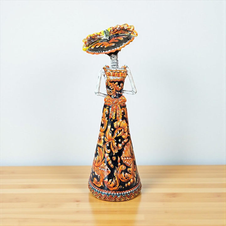 Medium Handcrafted & Handpainted Mexican Talavera Wide Brim Hat Orange Catrina Skeleton Lady Figure