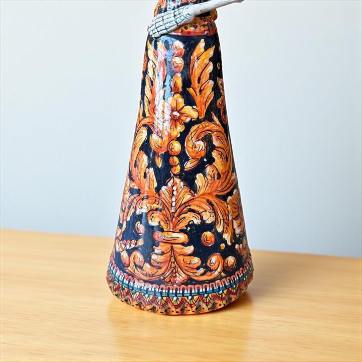 Medium Handcrafted & Handpainted Mexican Talavera Wide Brim Hat Orange Catrina Skeleton Lady Figure – Free Shipping (Contiguous U.S. Only)