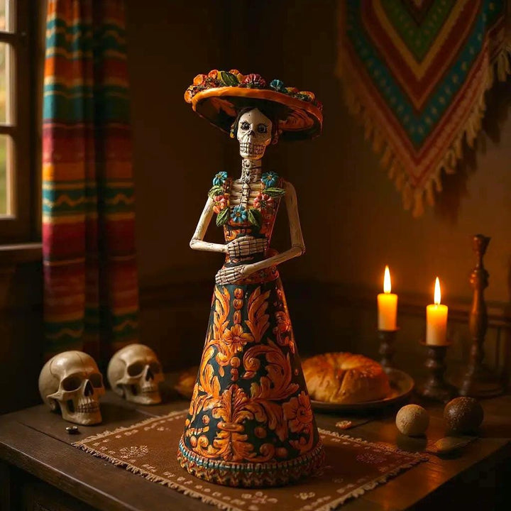Medium Handcrafted & Handpainted Mexican Talavera Wide Brim Hat Orange Catrina Skeleton Lady Figure