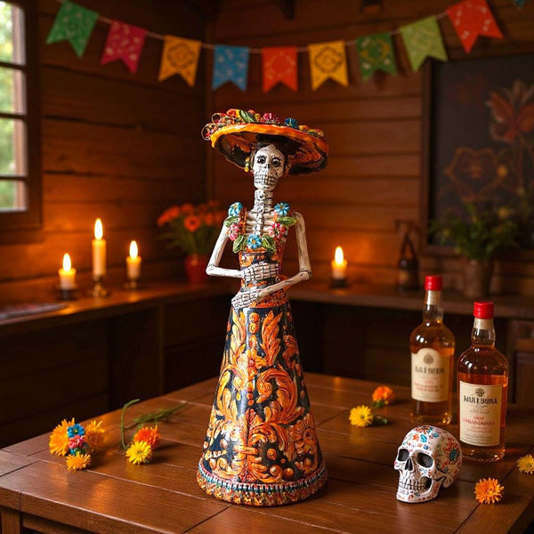 Medium Handcrafted & Handpainted Mexican Talavera Wide Brim Hat Orange Catrina Skeleton Lady Figure