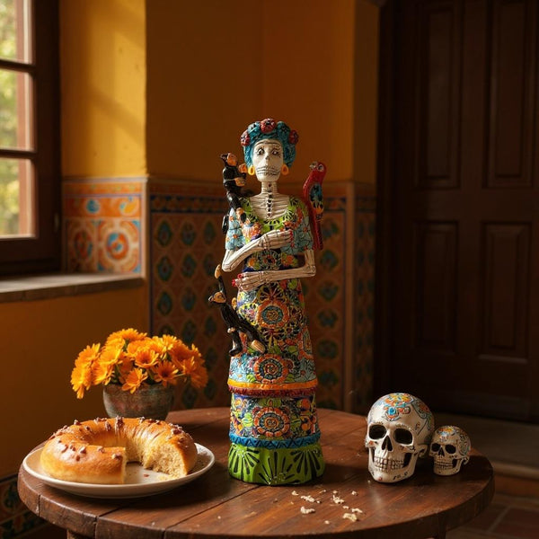 Medium Handcrafted & Handpainted Mexican Talavera Frida Kahlo Inspired Catrina Skeleton Lady Figure