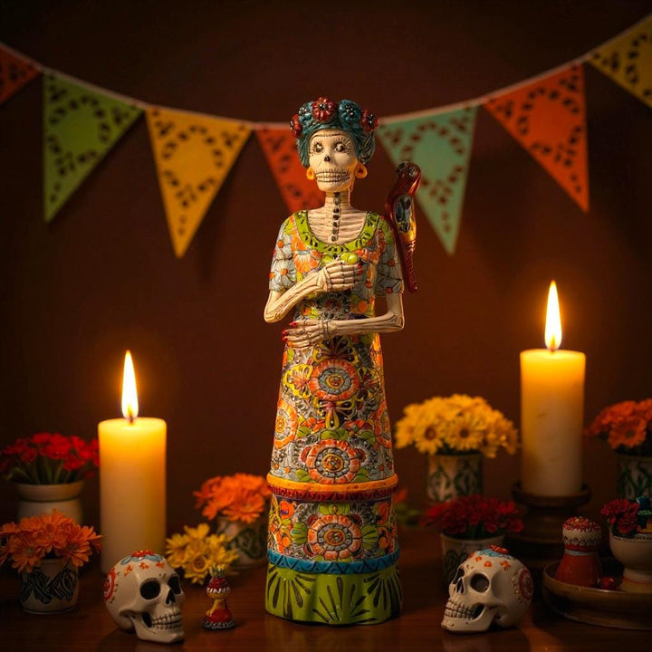 Medium Handcrafted & Handpainted Mexican Talavera Frida Kahlo Inspired Catrina Skeleton Lady Figure