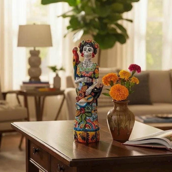 Small Handcrafted & Handpainted Mexican Talavera Frida Kahlo Inspired Catrina Skeleton Lady Figure