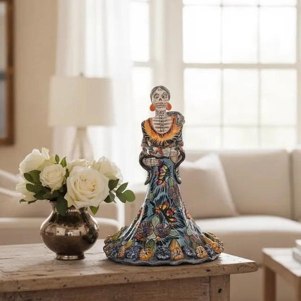 Small Handmade Talavera Catrina Figurine, Mexican Day of the Dead Skeleton Lady in Floral Ball Gown Dress