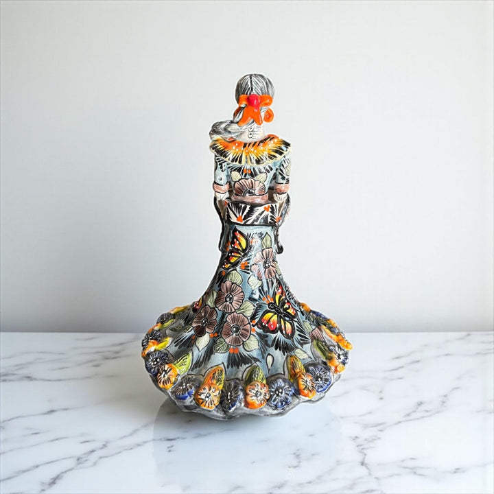 Small Handmade Talavera Catrina Figurine, Mexican Day of the Dead Skeleton Lady in Floral Ball Gown Dress