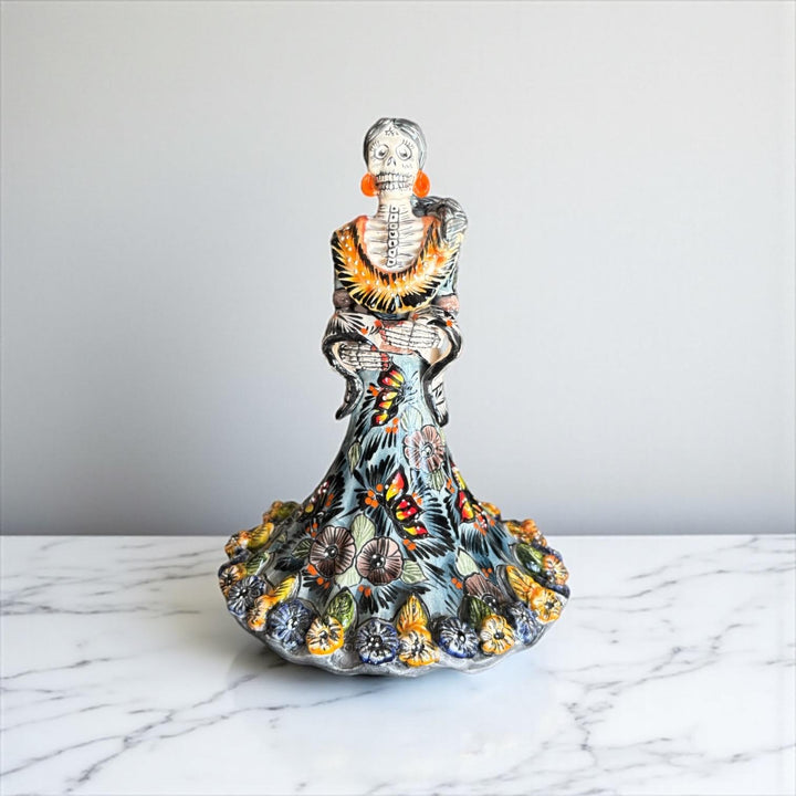 Small Handmade Talavera Catrina Figurine, Mexican Day of the Dead Skeleton Lady in Floral Ball Gown Dress