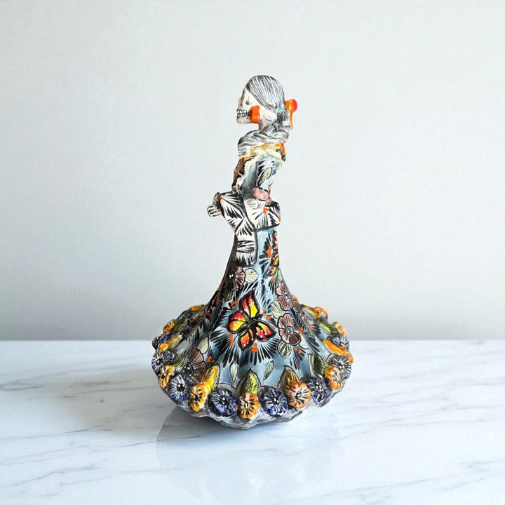 Small Handmade Talavera Catrina Figurine, Mexican Day of the Dead Skeleton Lady in Floral Ball Gown Dress