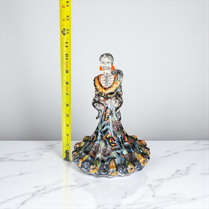 Small Handmade Talavera Catrina Figurine, Mexican Day of the Dead Skeleton Lady in Floral Ball Gown Dress