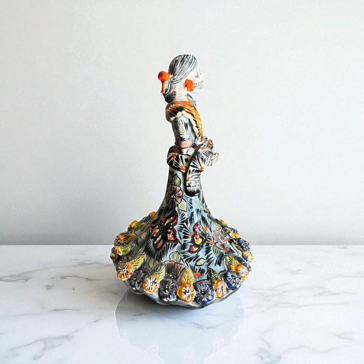 Small Handmade Talavera Catrina Figurine, Mexican Day of the Dead Skeleton Lady in Floral Ball Gown Dress