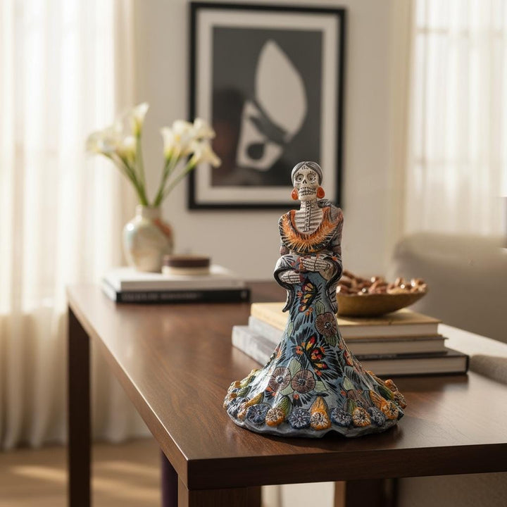 Small Handmade Talavera Catrina Figurine, Mexican Day of the Dead Skeleton Lady in Floral Ball Gown Dress