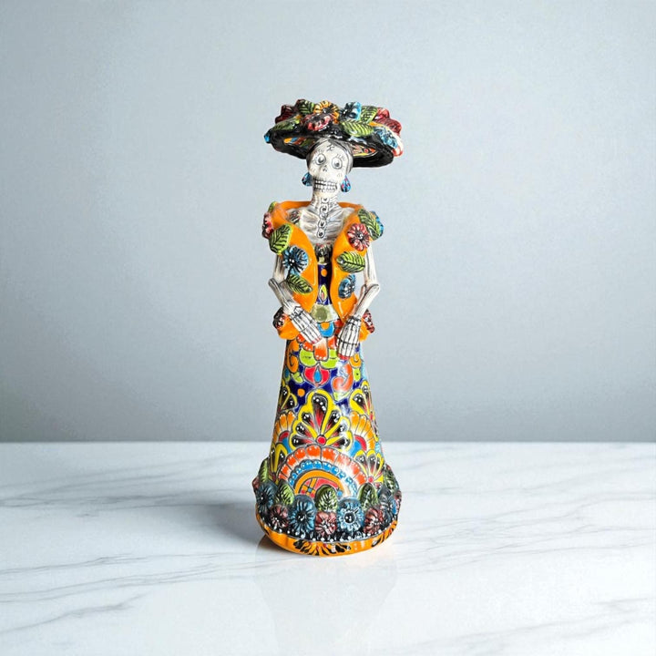 Small Handmade Talavera Catrina Figurine, Mexican Day of the Dead Skeleton Lady with Rebozo Shawl and Wide-Brim Hat