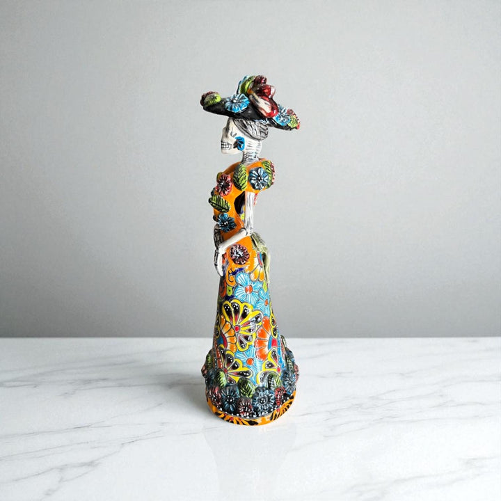 Small Handmade Talavera Catrina Figurine, Mexican Day of the Dead Skeleton Lady with Rebozo Shawl and Wide-Brim Hat