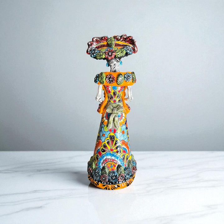 Small Handmade Talavera Catrina Figurine, Mexican Day of the Dead Skeleton Lady with Rebozo Shawl and Wide-Brim Hat