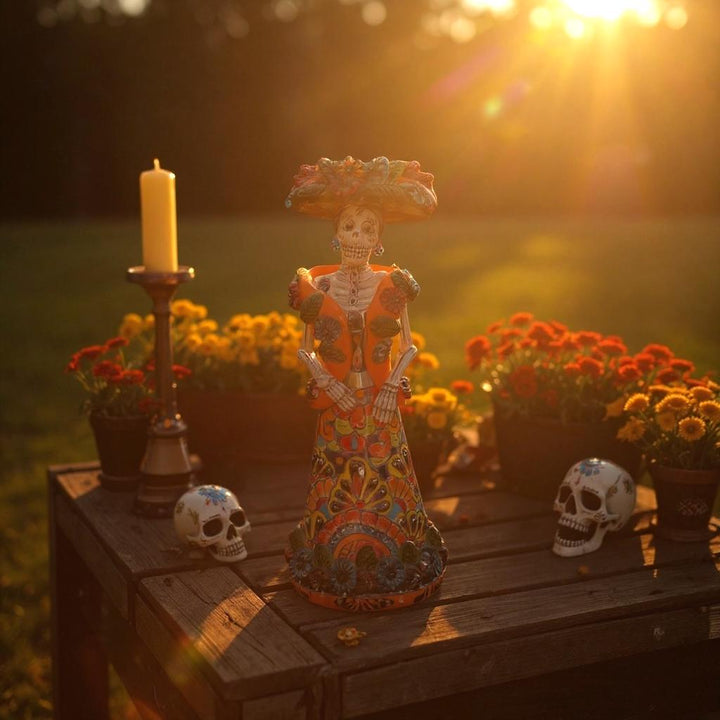 Small Handmade Talavera Catrina Figurine, Mexican Day of the Dead Skeleton Lady with Rebozo Shawl and Wide-Brim Hat
