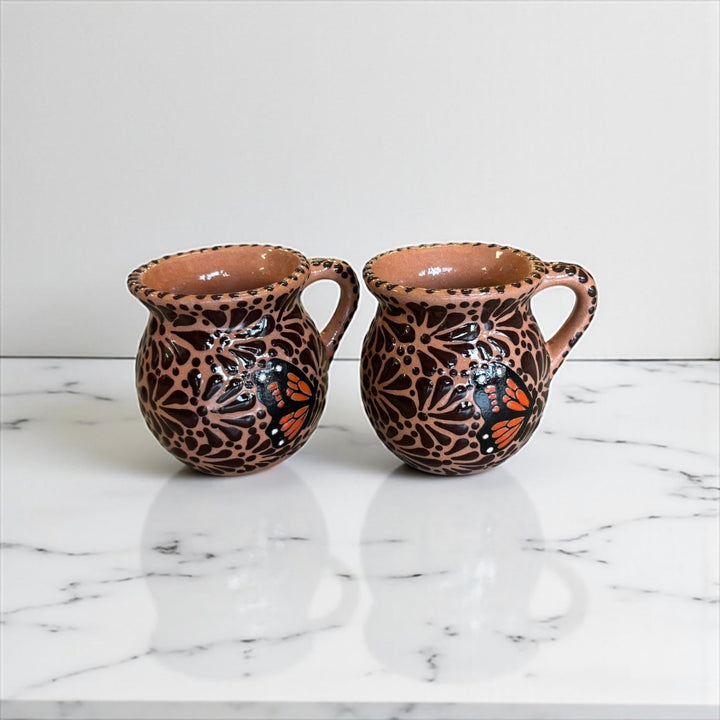 Hand Painted Talavera Brown and Dark Chocolate Butterfly Coffee Mug (Cielito Lindo Inspired) – Set of 2