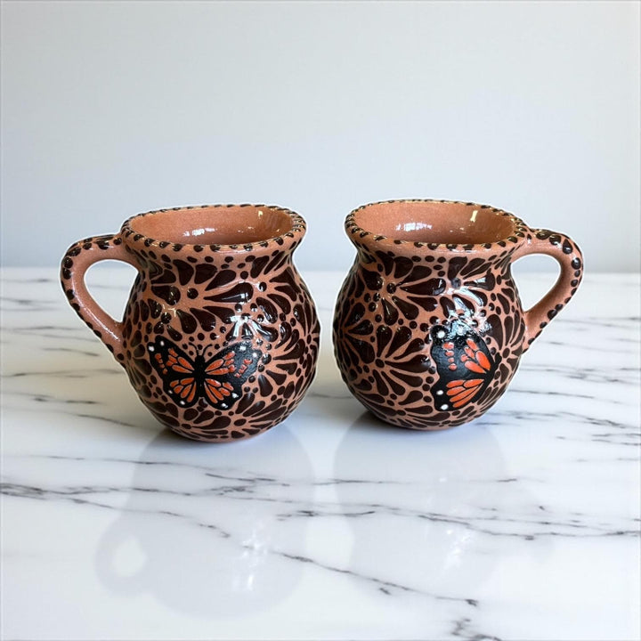 Hand Painted Talavera Brown and Dark Chocolate Butterfly Coffee Mug (Cielito Lindo Inspired) – Set of 2