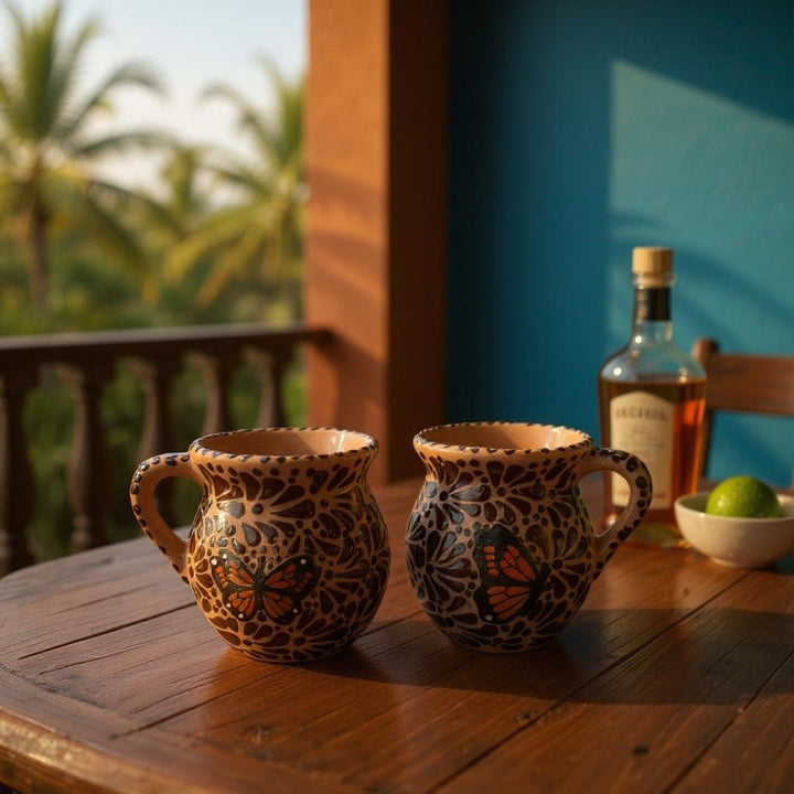 Hand Painted Talavera Brown and Dark Chocolate Butterfly Coffee Mug (Cielito Lindo Inspired) – Set of 2