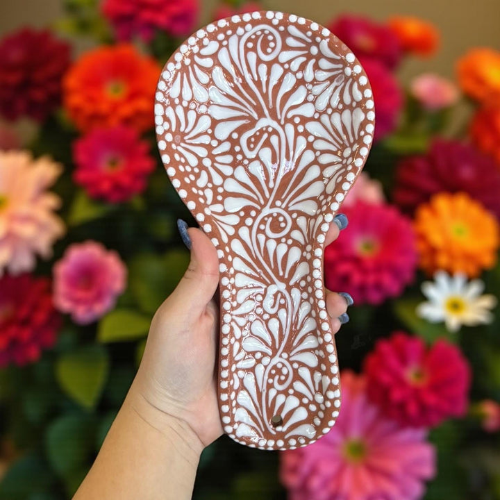 Hand Painted Brown and White Mexican Talavera Spoon Rest (Cielito Lindo Inspired) – Assorted Designs