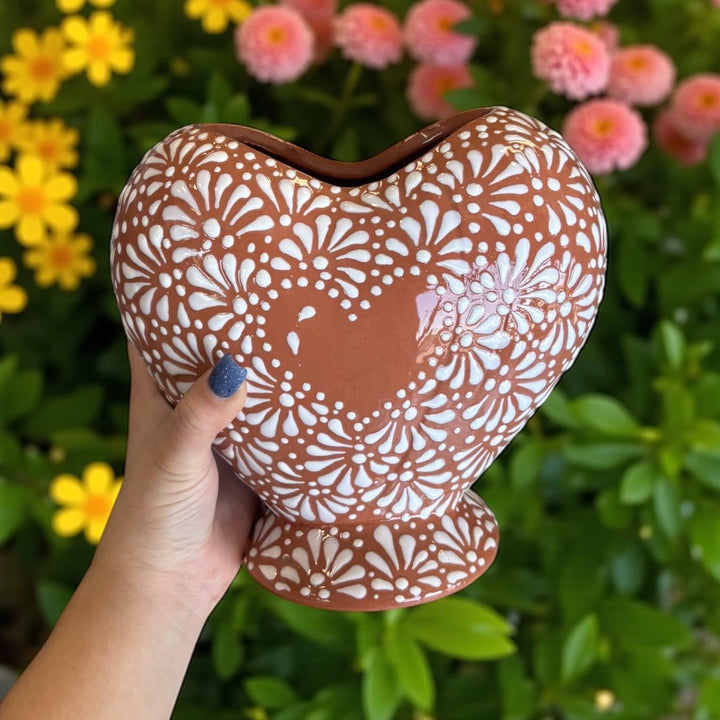Hand Painted Mexican Talavera Brown and White Heart Vase (Cielito Lindo Inspired)