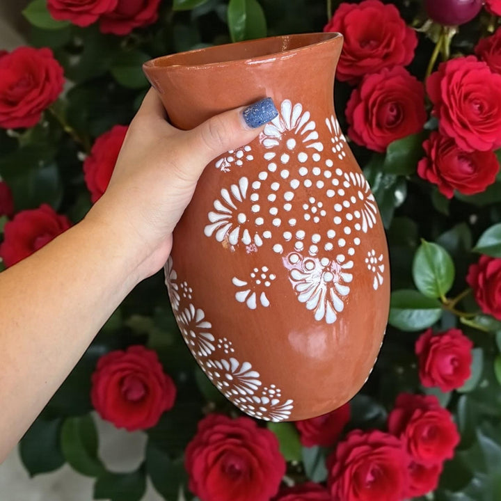 Hand Painted Mexican Talavera Brown and White Rustic Mandela Vase (Cielito Lindo Inspired)
