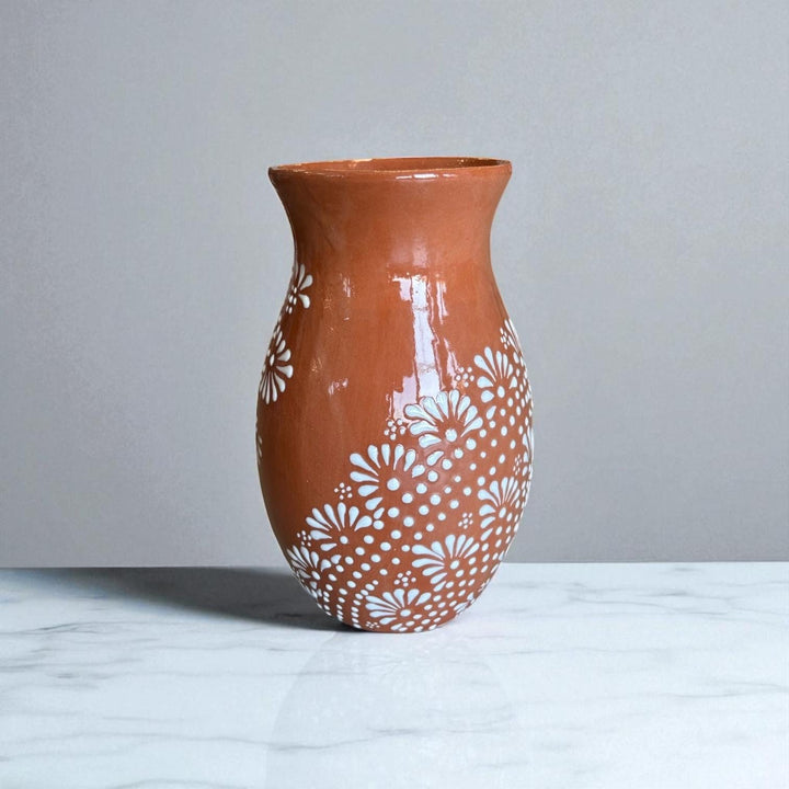 Hand Painted Mexican Talavera Brown and White Rustic Mandela Vase (Cielito Lindo Inspired)