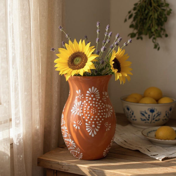 Hand Painted Mexican Talavera Brown and White Rustic Mandela Vase (Cielito Lindo Inspired)