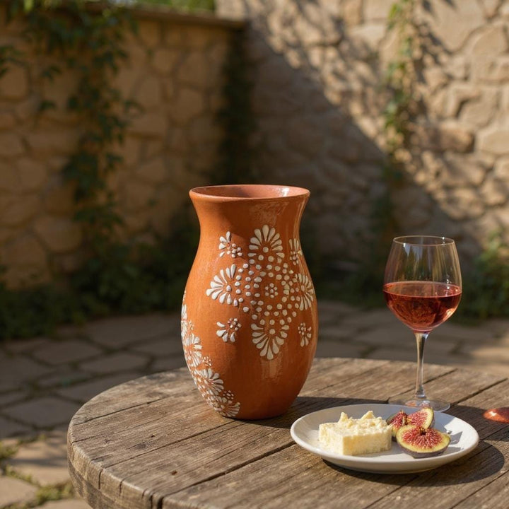 Hand Painted Mexican Talavera Brown and White Rustic Mandela Vase (Cielito Lindo Inspired)