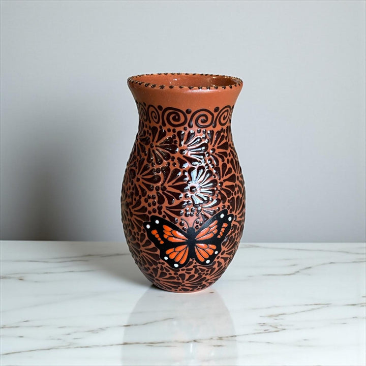 Hand Painted Talavera Brown and Dark Chocolate Rustic Monarch Butterfly Vase (Cielito Lindo Inspired)