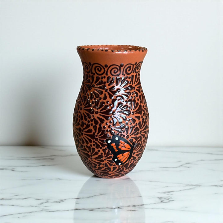 Hand Painted Talavera Brown and Dark Chocolate Rustic Monarch Butterfly Vase (Cielito Lindo Inspired)