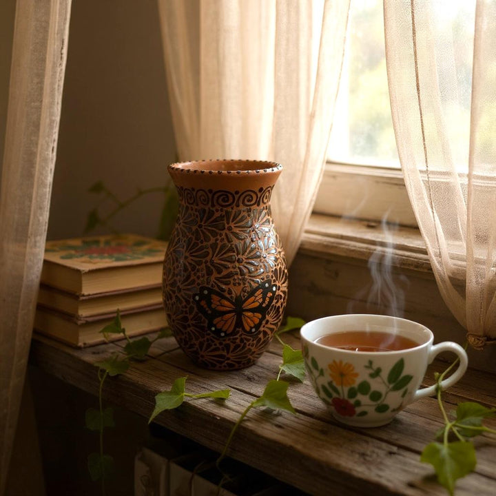 Hand Painted Talavera Brown and Dark Chocolate Rustic Monarch Butterfly Vase (Cielito Lindo Inspired)