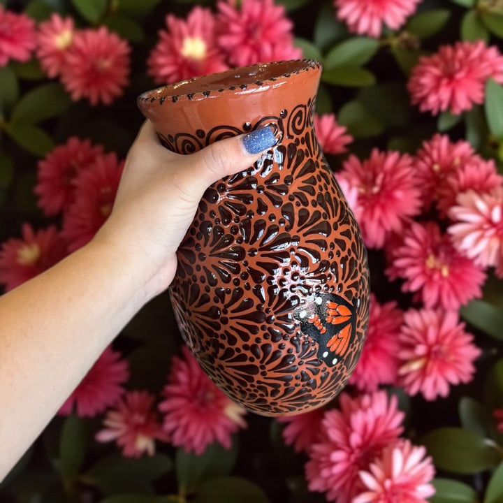 Hand Painted Talavera Brown and Dark Chocolate Rustic Monarch Butterfly Vase (Cielito Lindo Inspired)