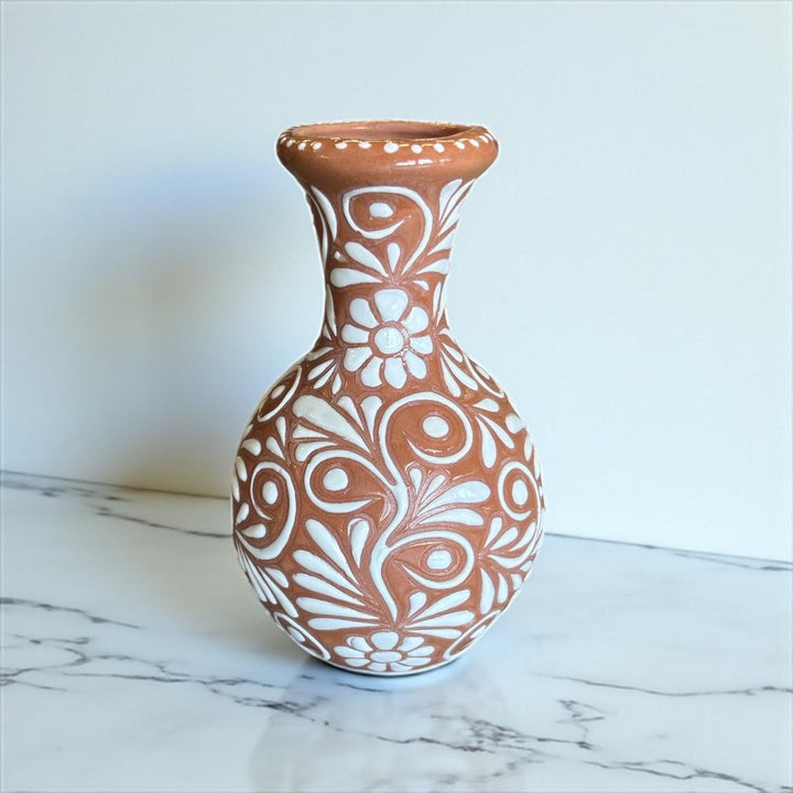 Small Hand Painted Mexican Talavera Brown and White Floral Tabletop Chimney “Chimenea”