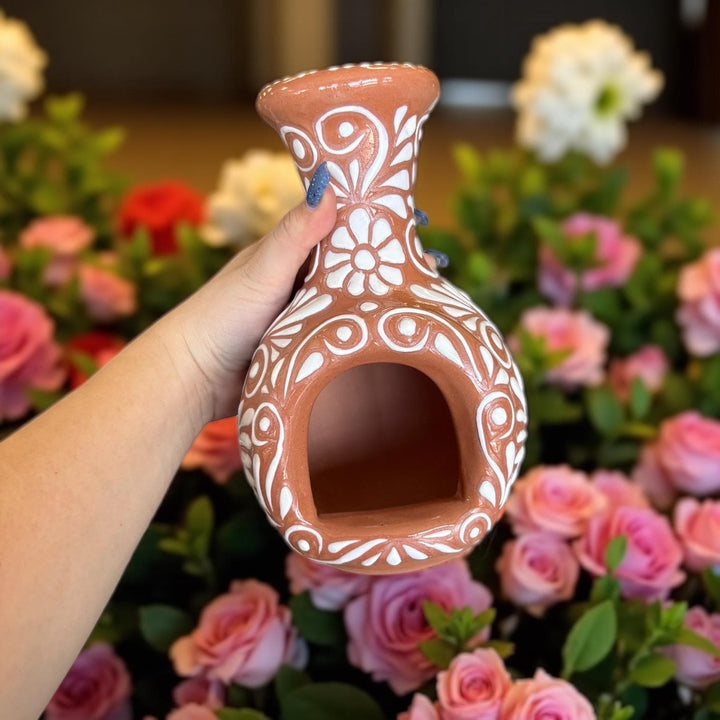 Small Hand Painted Mexican Talavera Brown and White Floral Tabletop Chimney “Chimenea”