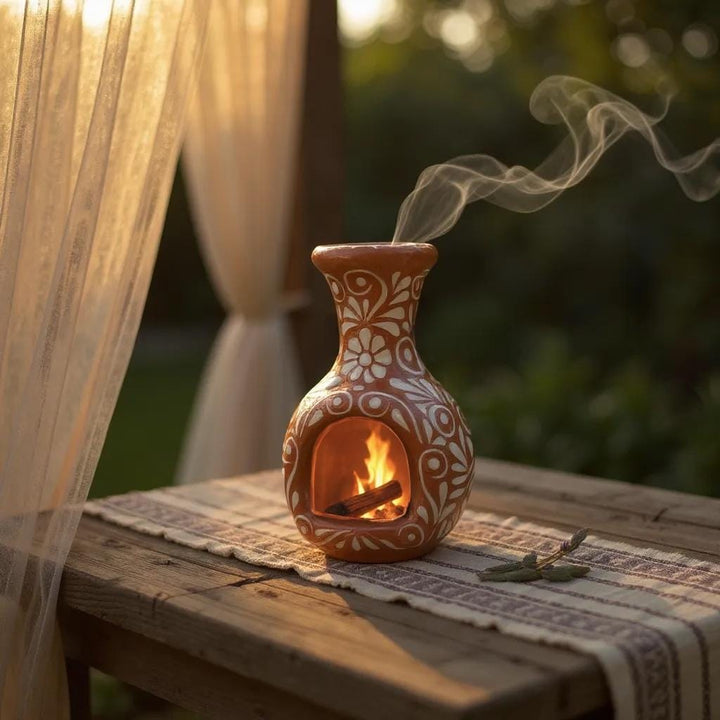 Small Hand Painted Mexican Talavera Brown and White Floral Tabletop Chimney “Chimenea”