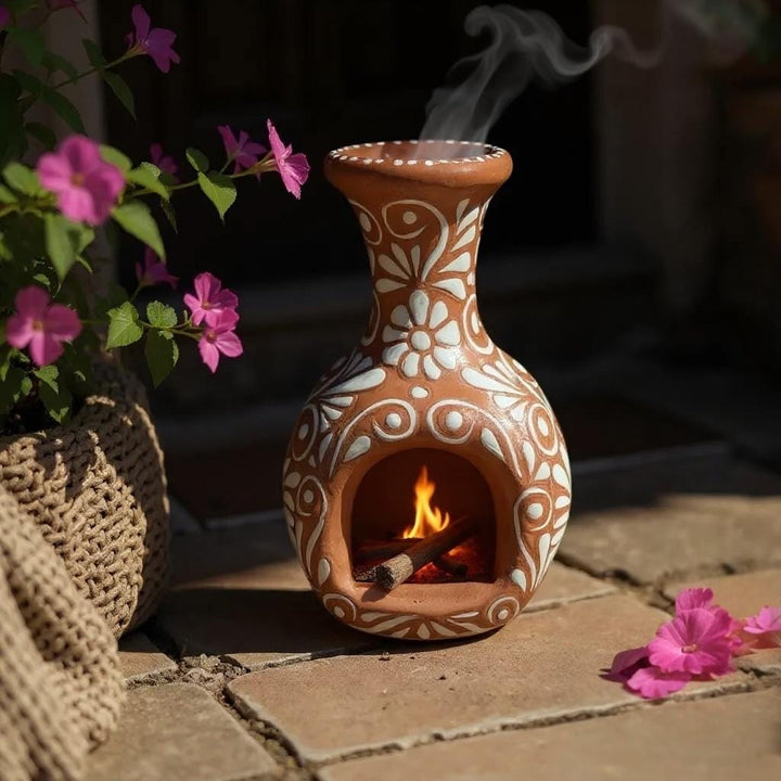 Small Hand Painted Mexican Talavera Brown and White Floral Tabletop Chimney “Chimenea”