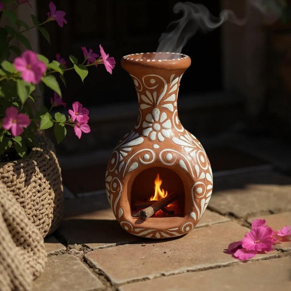 Small Hand Painted Mexican Talavera Brown and White Floral Tabletop Chimney “Chimenea”